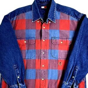 Tommy Hilfiger Vintage Denim Shirt Mens M Blue/Red Checkerboard Crest Preppy Big